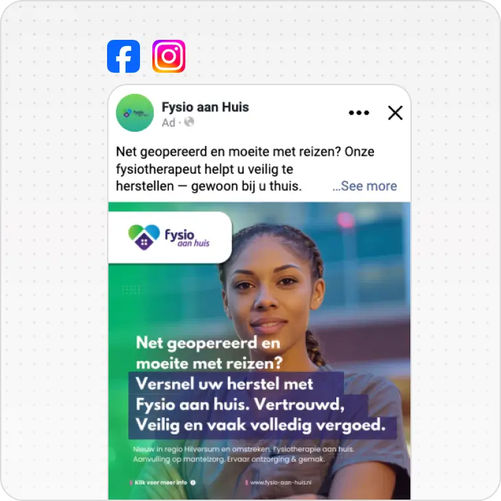 Social media ad featuring a smiling woman promoting Fysio aan Huis physiotherapy services at home.