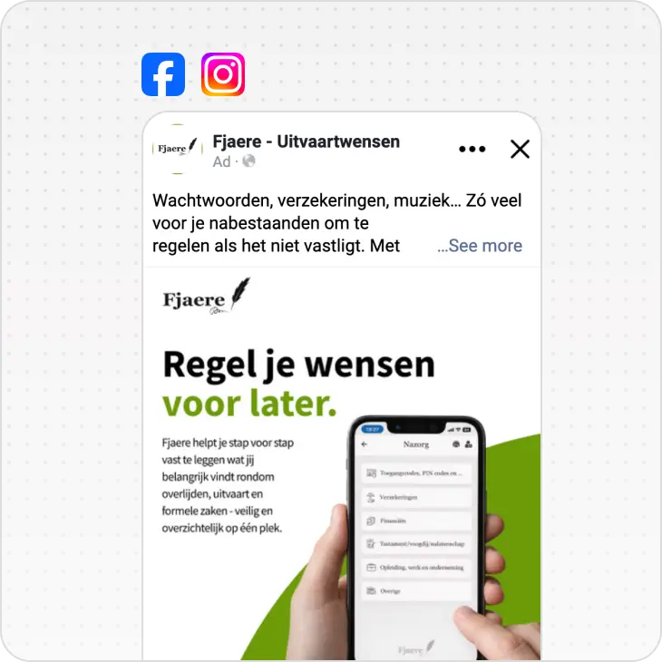 Facebook and Instagram post screenshot of Fjaere funeral wishes app showing step-by-step planning on a phone.