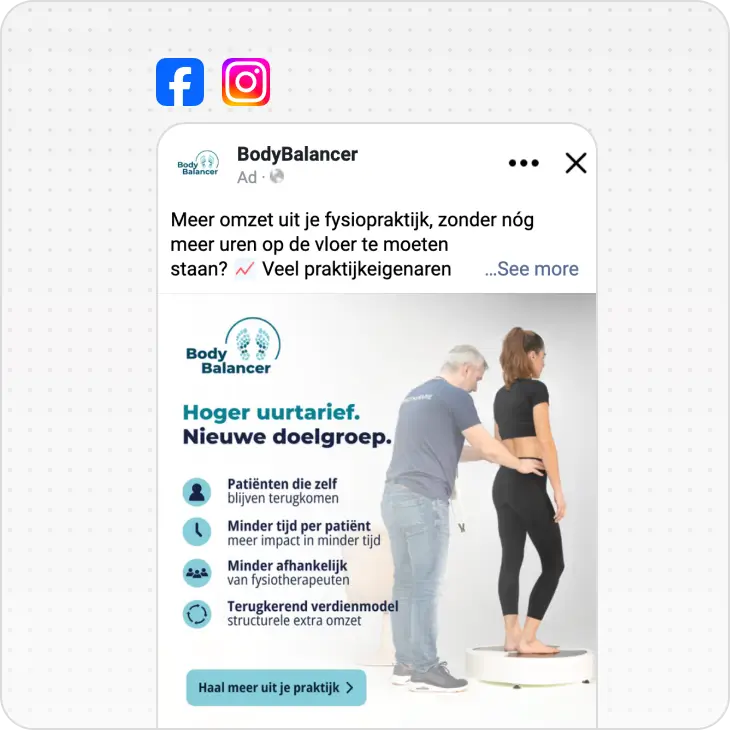 Man adjusting a woman’s posture on a platform with BodyBalancer text about physiotherapy benefits.
