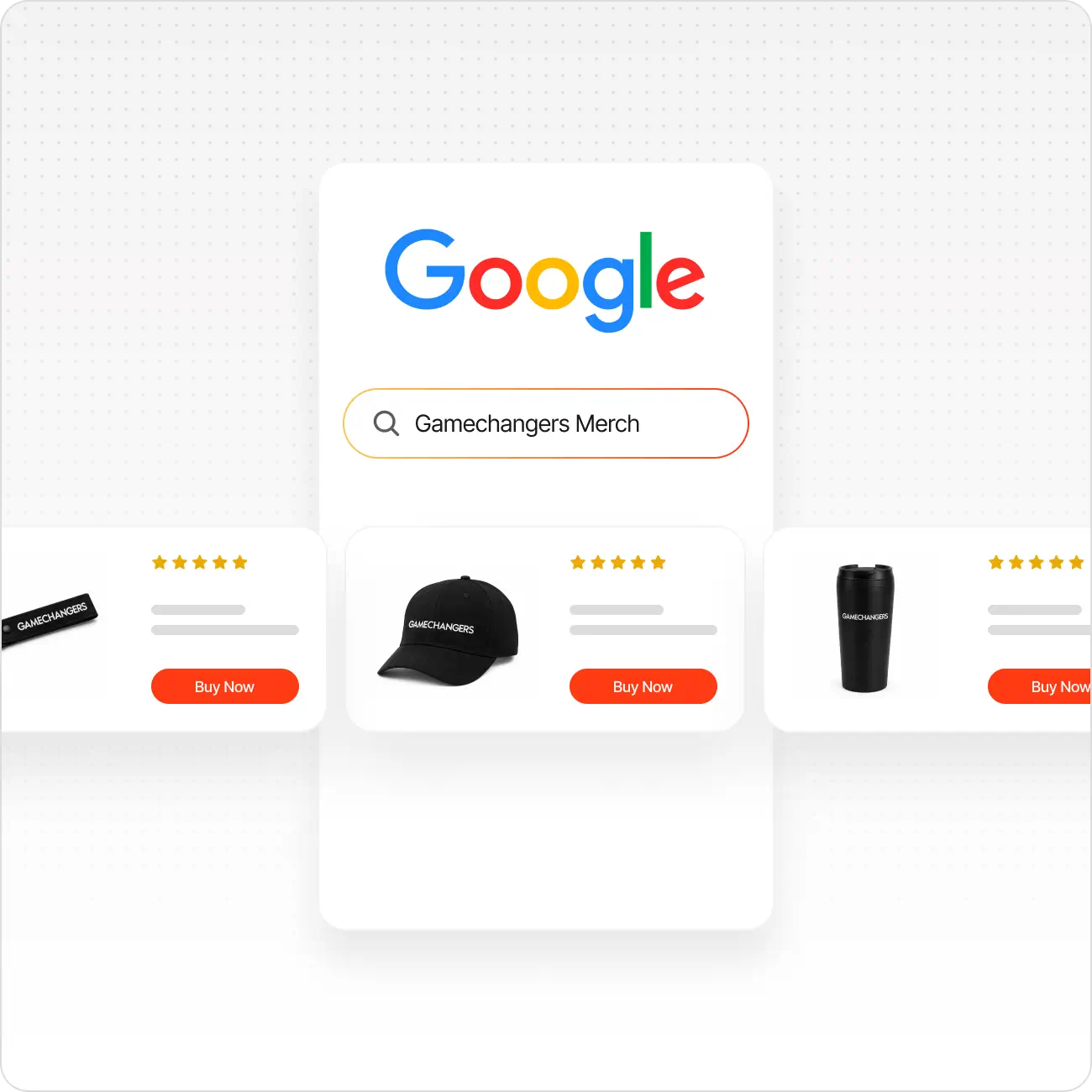 Google search for Gamechangers Merch showing a keychain, black cap, and black tumbler with five-star ratings.