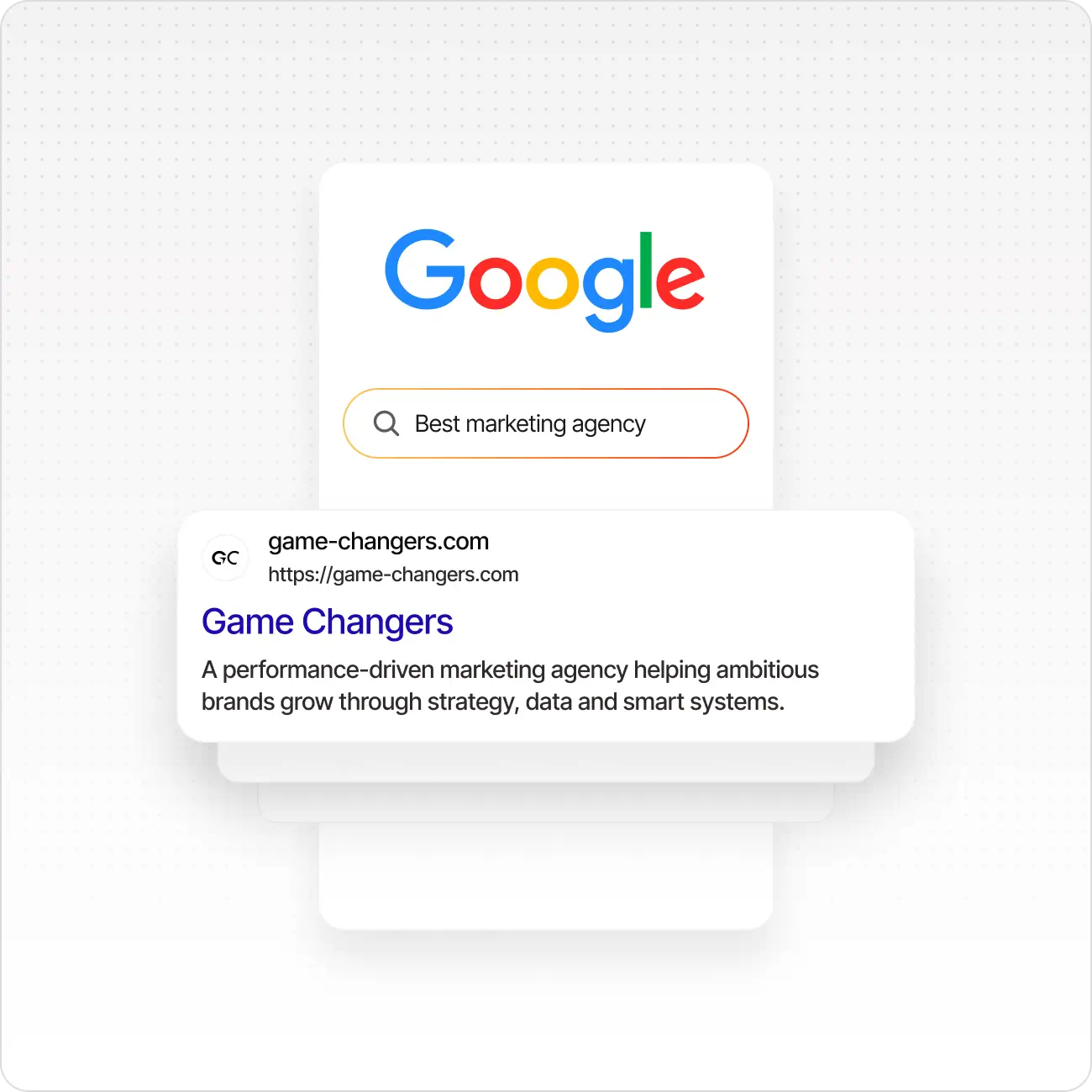Google search for best marketing agency showing Game Changers website snippet and description.