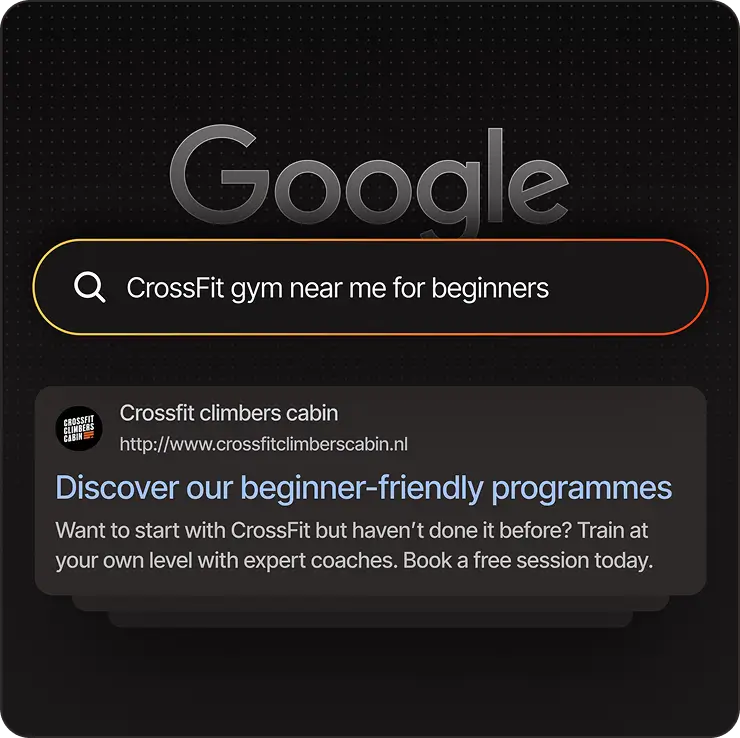 Google search bar showing 'CrossFit gym near me for beginners' and a Crossfit climbers cabin ad with beginner programs.