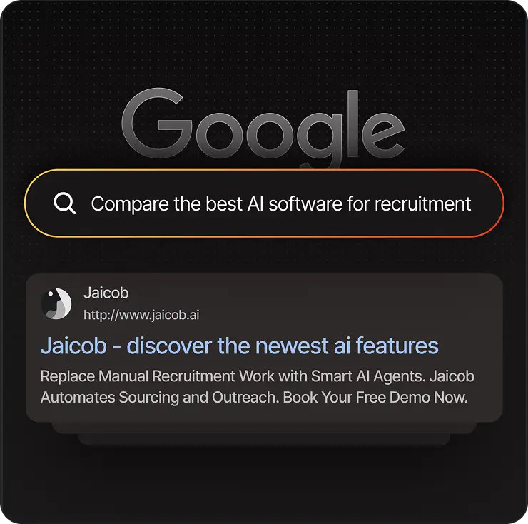 Google search for best AI software for recruitment showing Jaicob app offering AI recruitment features.