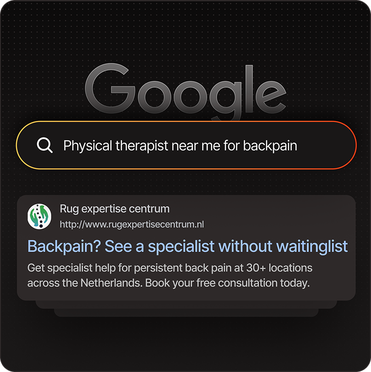 Google search for physical therapist near me shows Rug expertise centrum ad for back pain help in Netherlands.