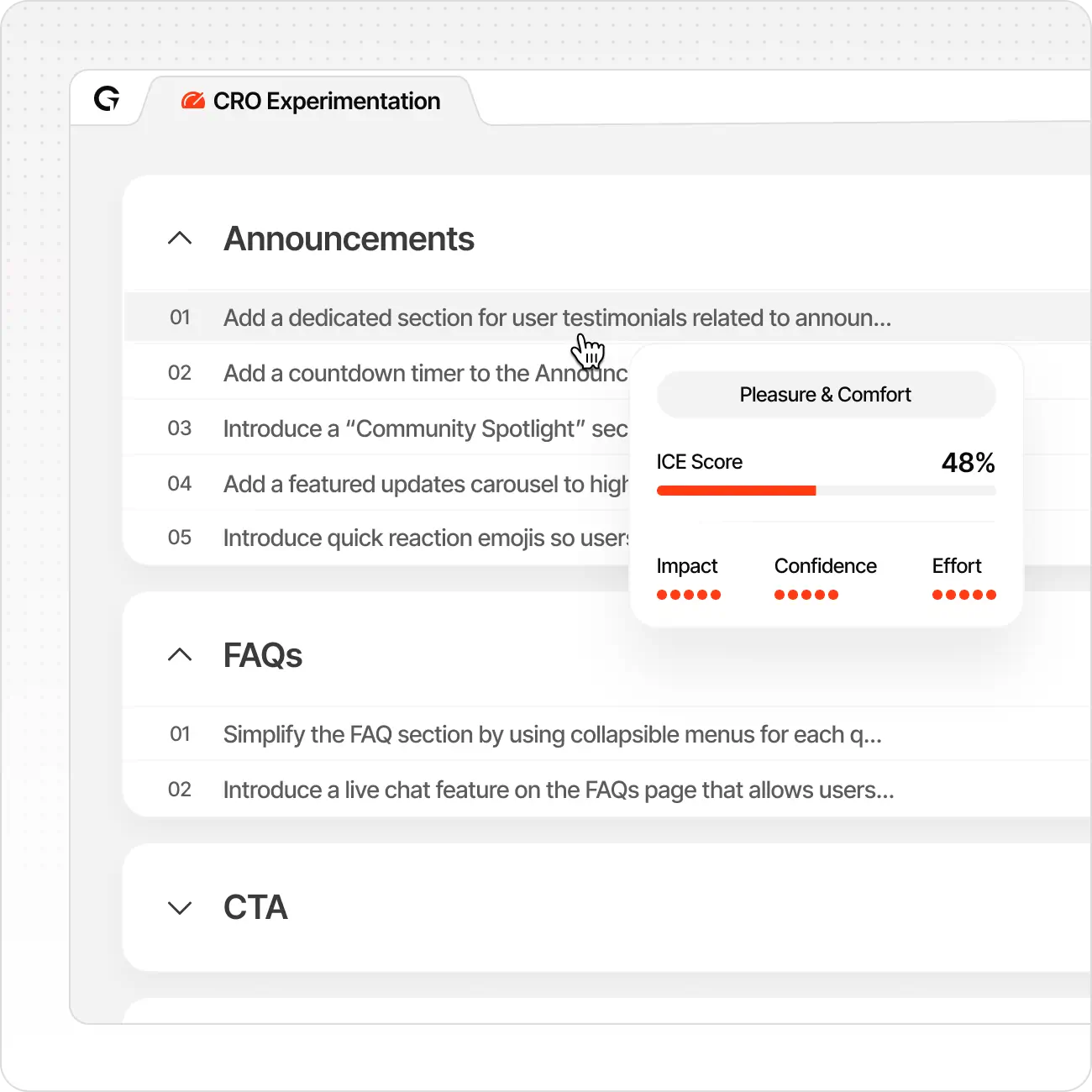 CRO Experimentation interface showing Announcements and FAQs sections with ICE Score details for Pleasure & Comfort.