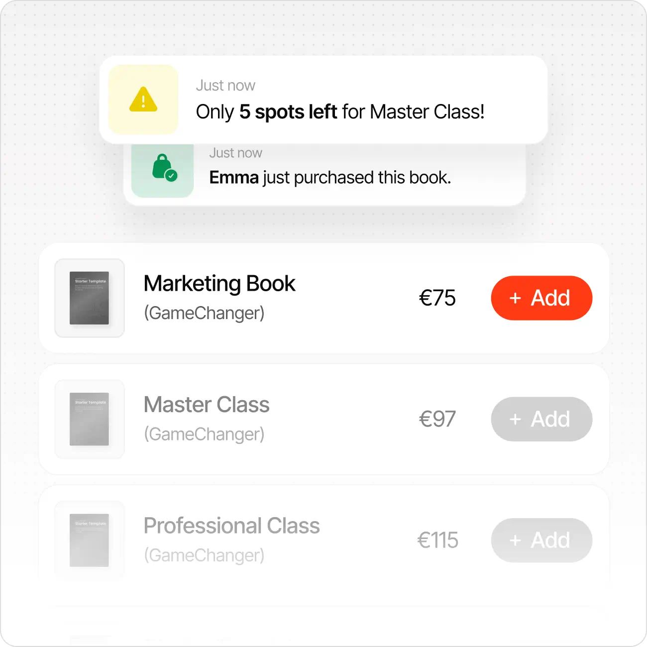Notification shows 5 spots left for Master Class and Emma purchased book. Marketing Book costs €75 with Add button.