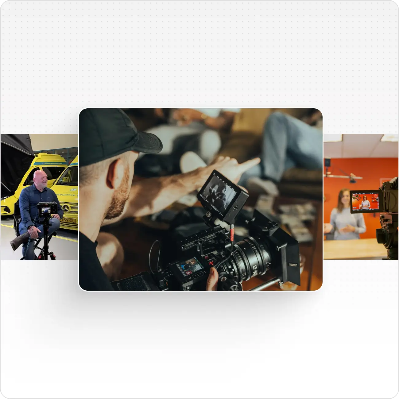 Videographer filming a scene with a professional camera and monitor in a casual indoor setting.
