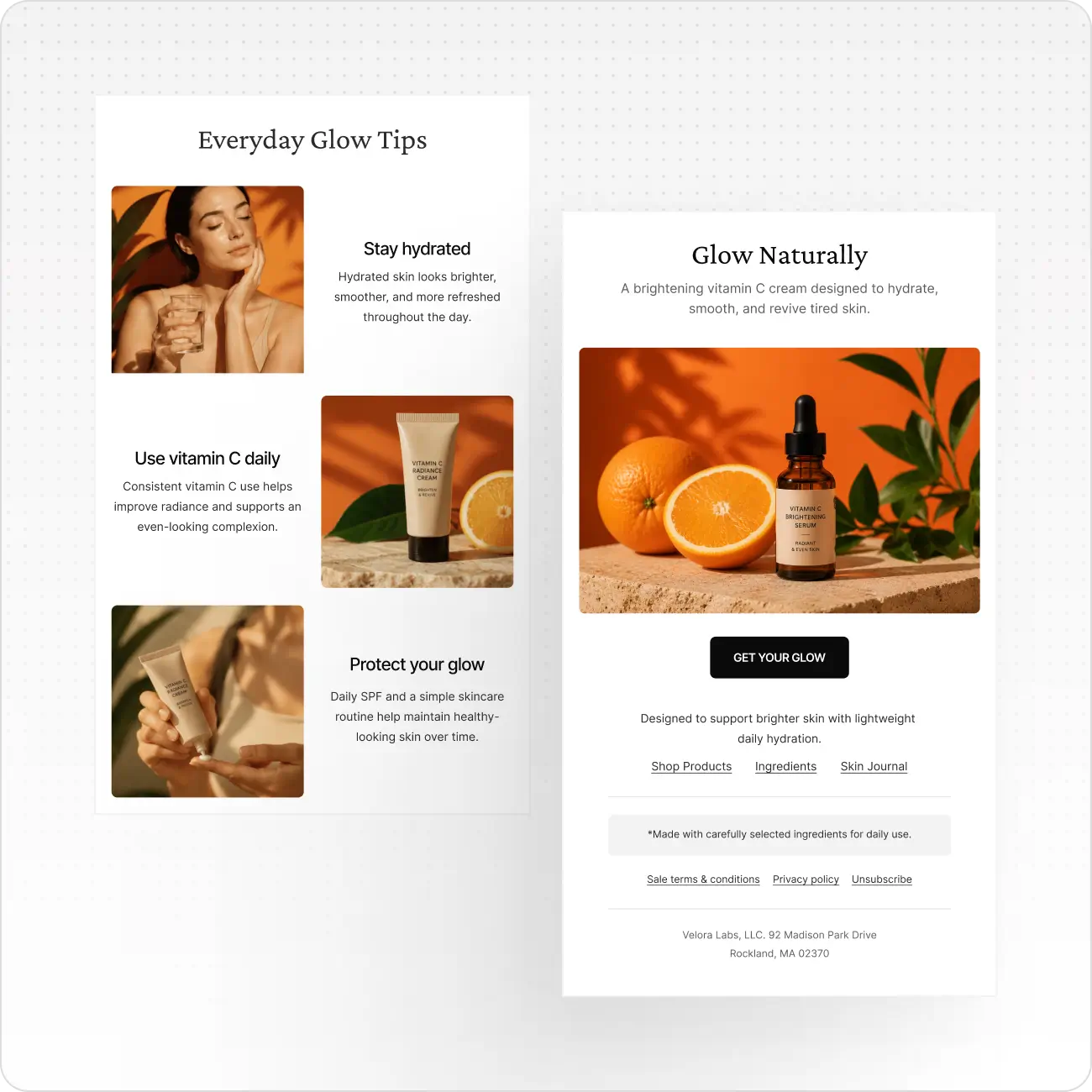 Skincare tips and Vitamin C products with oranges against an orange and neutral backdrop.