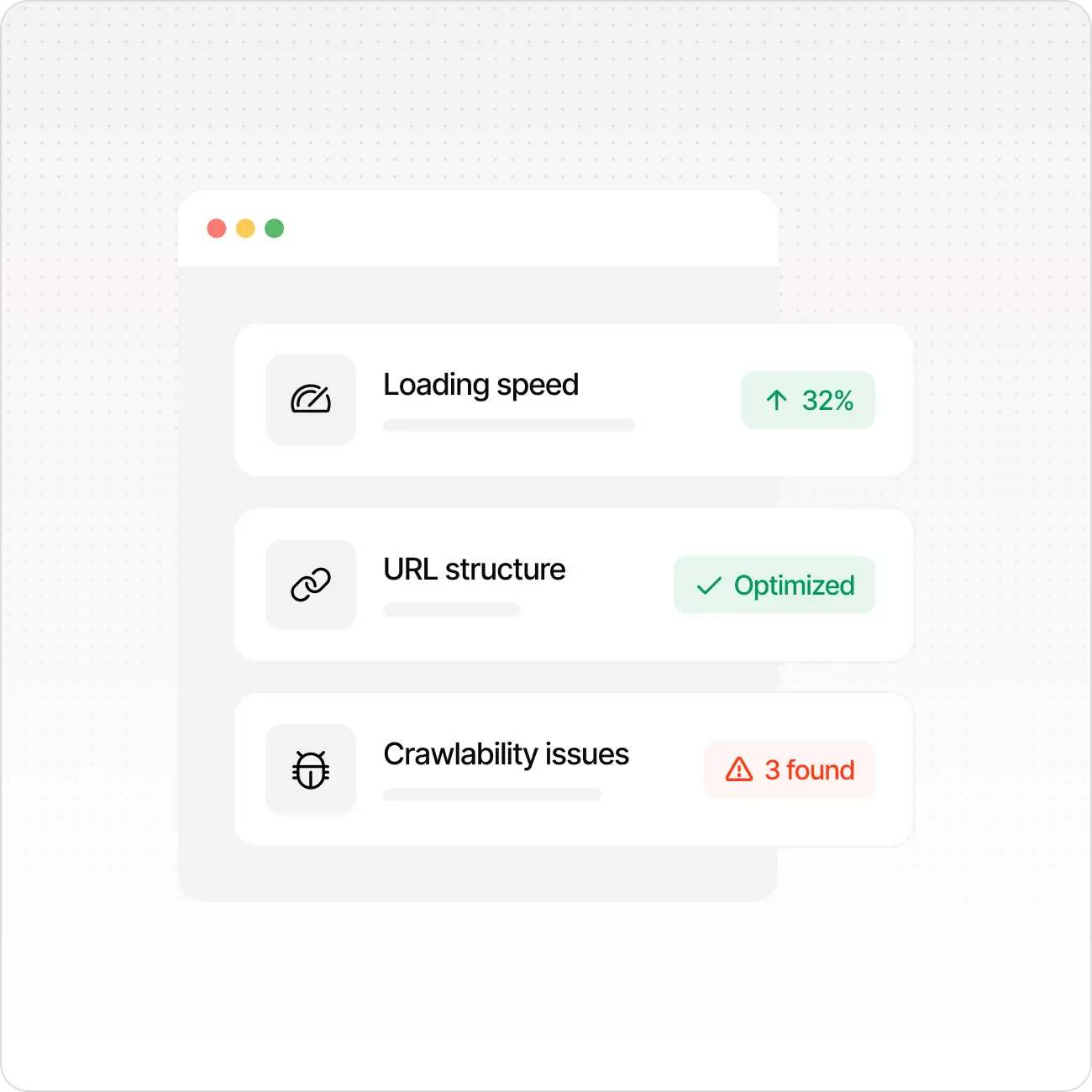 Technical SEO report showing loading speed up 32%, URL structure optimized, and 3 crawlability issues found.