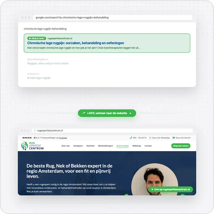 Screenshot of a Dutch search result for chronic low back pain and a website homepage for Rug Expertise Centrum.