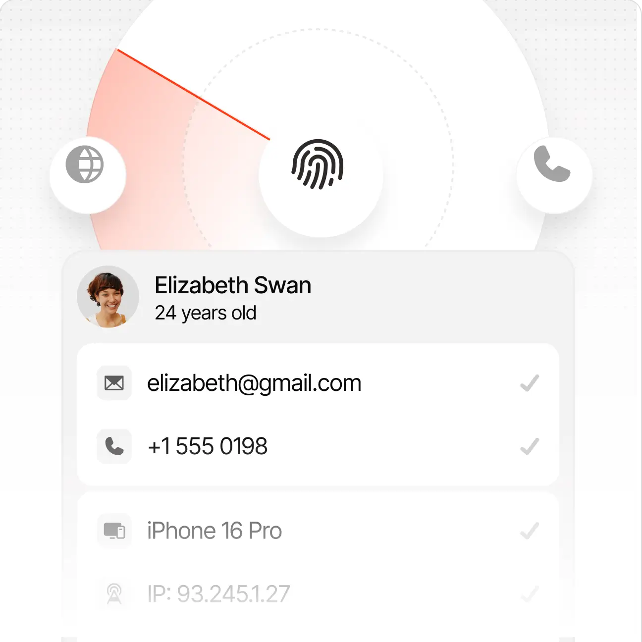 Contact card for Elizabeth Swan, 24, with email, phone, iPhone 16 Pro, and IP address info.