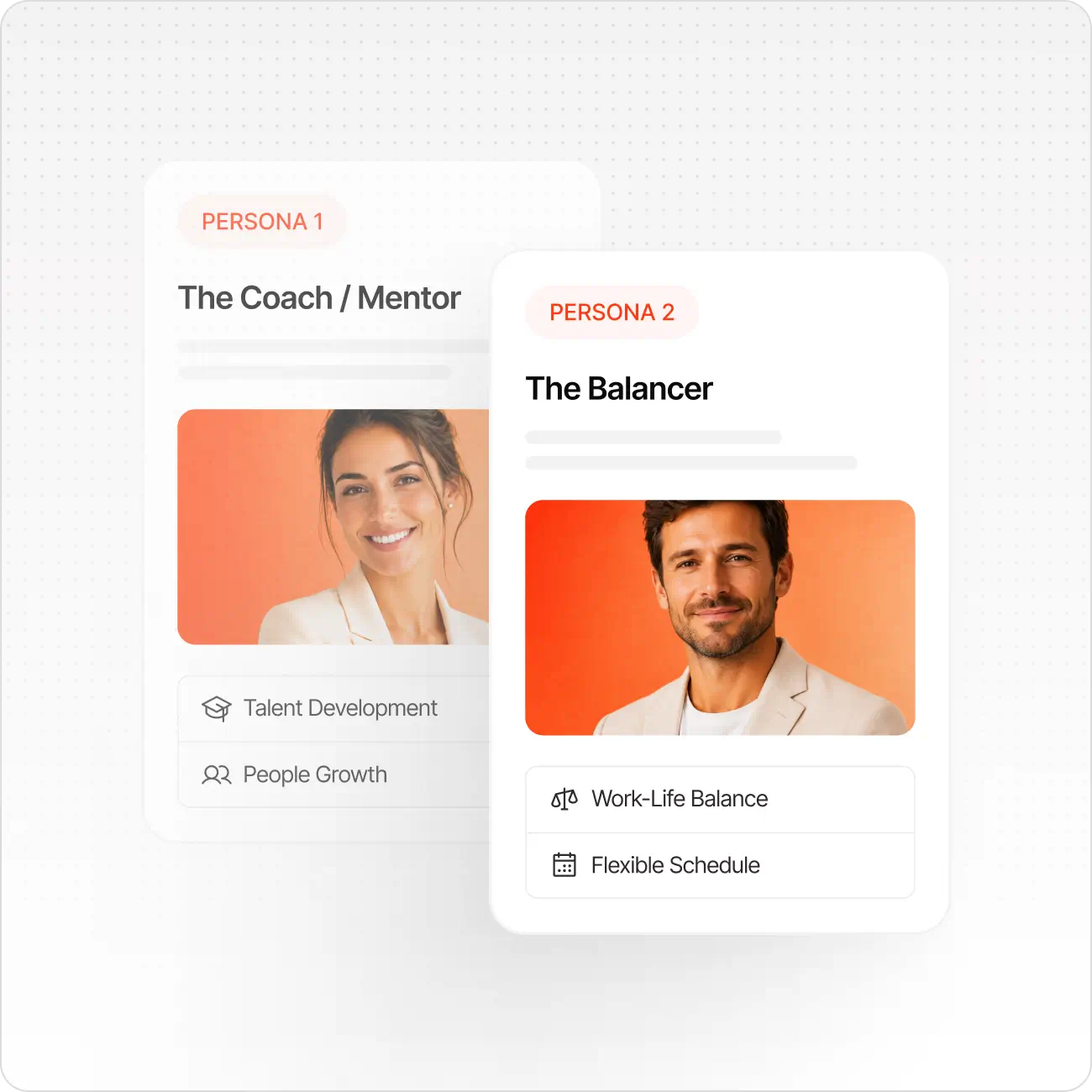 Two personas: Coach/Mentor woman with talent development, and Balancer man with work-life balance.