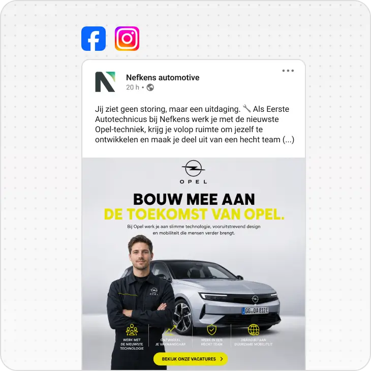 Man in Opel uniform stands crossed arms by silver Opel car promoting careers in automotive technology.