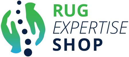 Logo with two green hands holding a dotted vertical line next to the text Rug Expertise Shop.