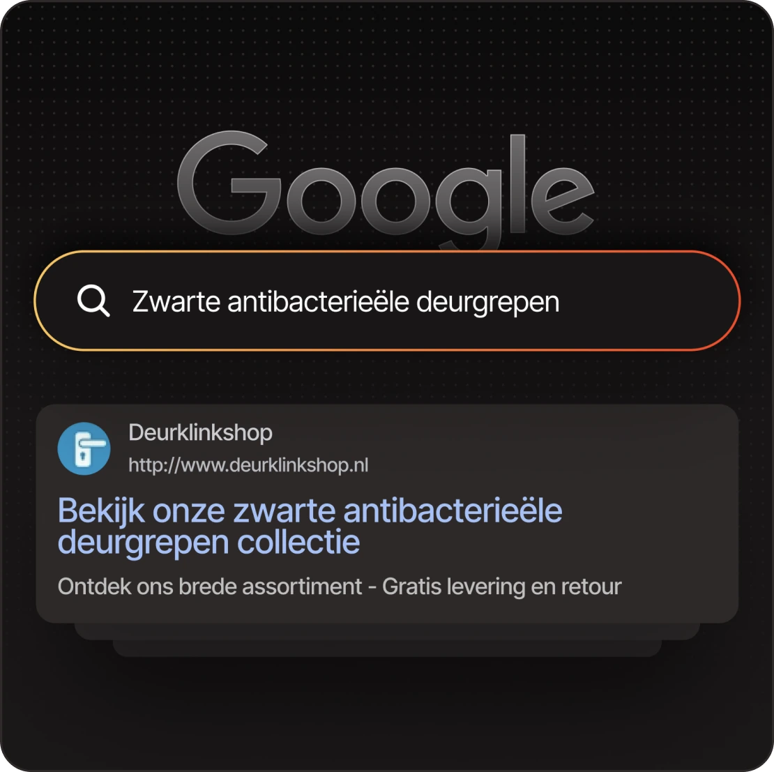 Google search for black antibacterial door handles with a webshop ad offering free delivery and returns