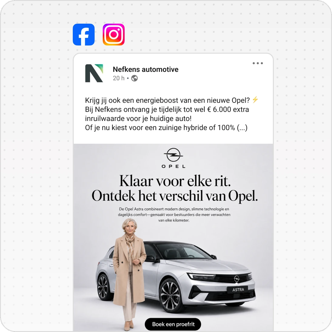 Advertisement showing a woman standing beside a silver Opel Astra with text promoting test drives.