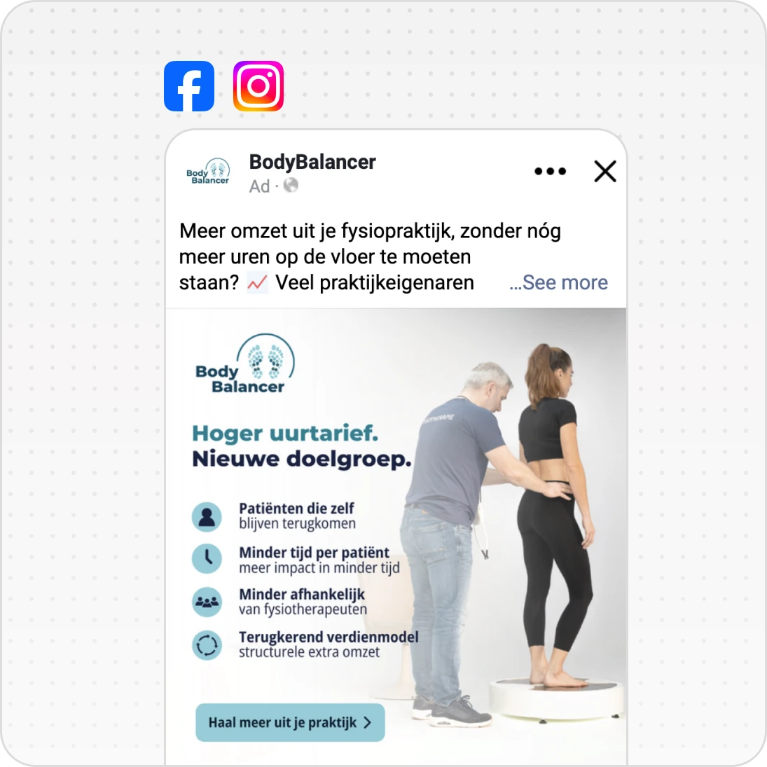 Physiotherapist assessing a woman standing on a round platform for BodyBalancer ad about higher rates.