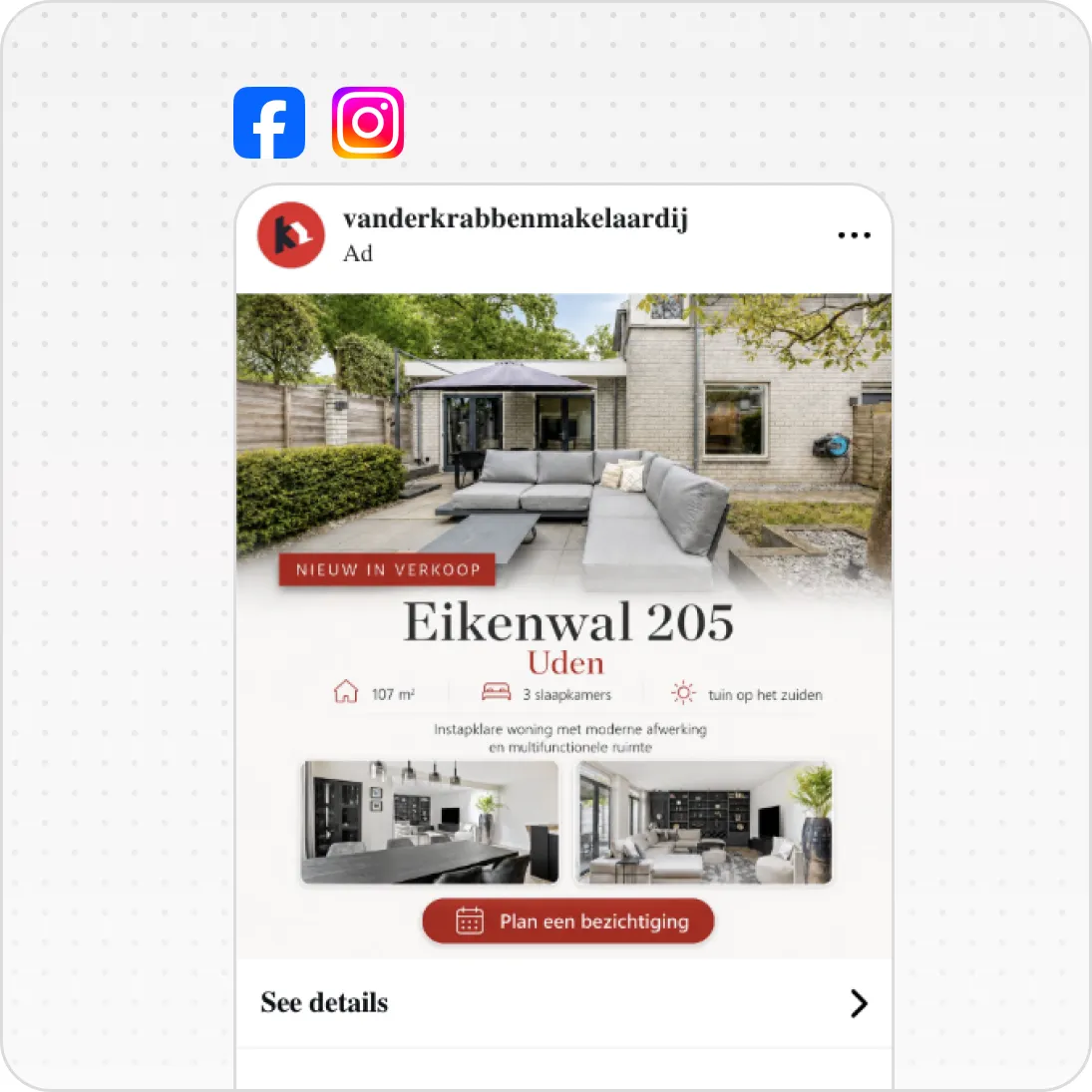 Real estate ad showing a modern house with outdoor seating, 3 bedrooms, 107 sqm, south-facing garden.