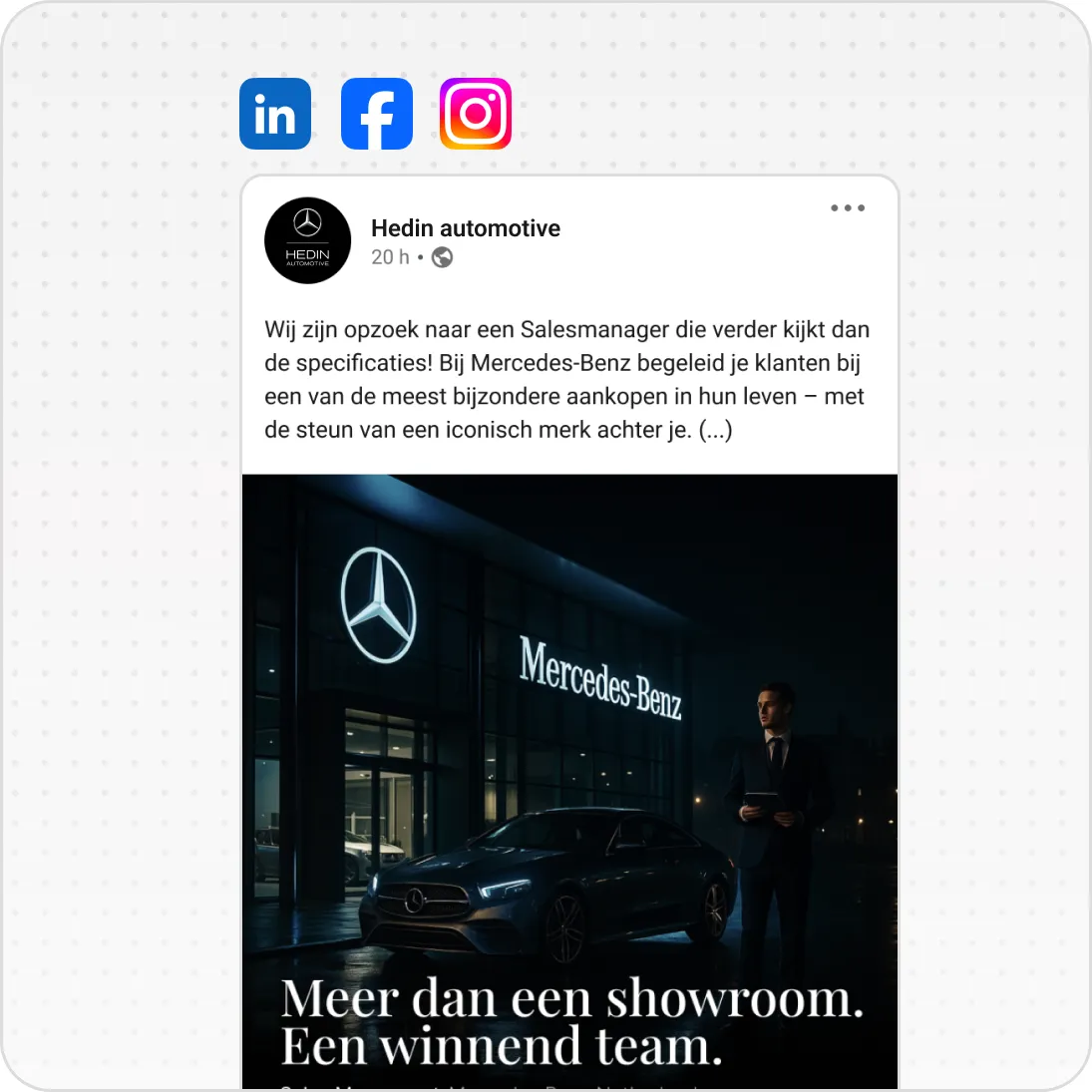Social media post from Hedin automotive featuring a man in a suit by a Mercedes-Benz car at night.