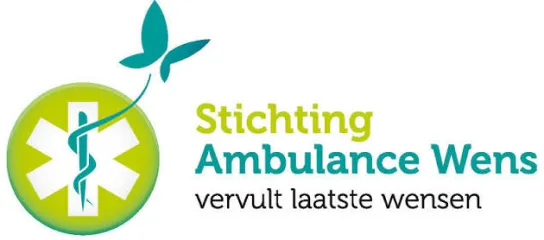 Stichting Ambulance Wens logo with a green star of life and blue butterfly, Dutch text below.