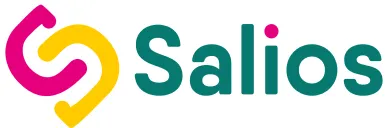 Salios company logo with interlocking pink and yellow shapes to the left of the text.