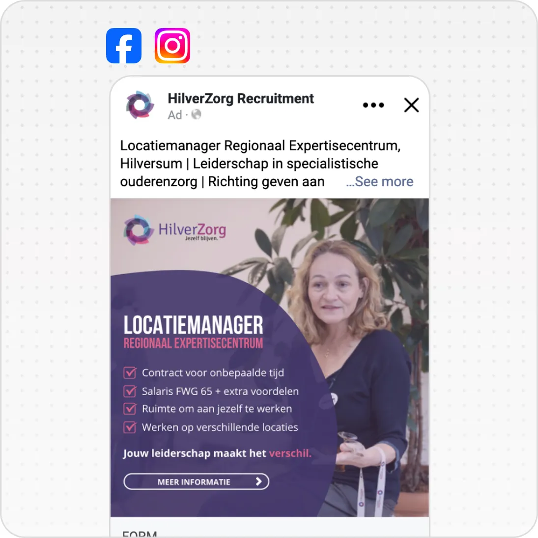 Facebook ad for HilverZorg Locatiemanager role with a woman sitting and job benefits listed in Dutch.