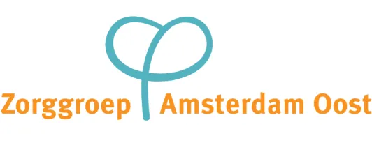 Zorggroep Amsterdam Oost logo with stylized blue loop and orange text.