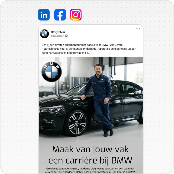 Man in BMW uniform leaning on a black BMW car in a workshop promoting a BMW career.