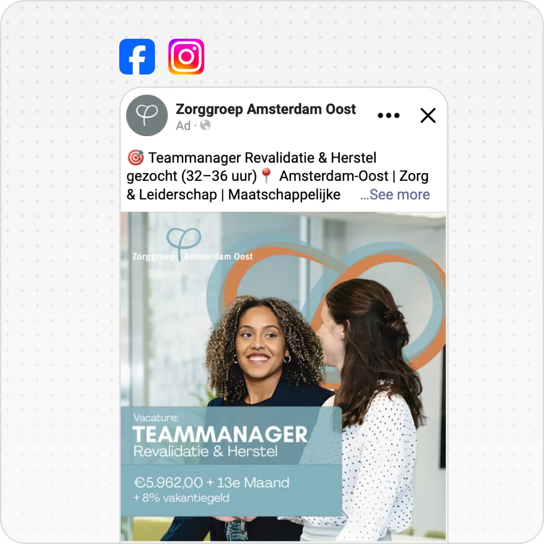 Facebook ad by Zorggroep Amsterdam Oost for a team manager job in rehabilitation and recovery.