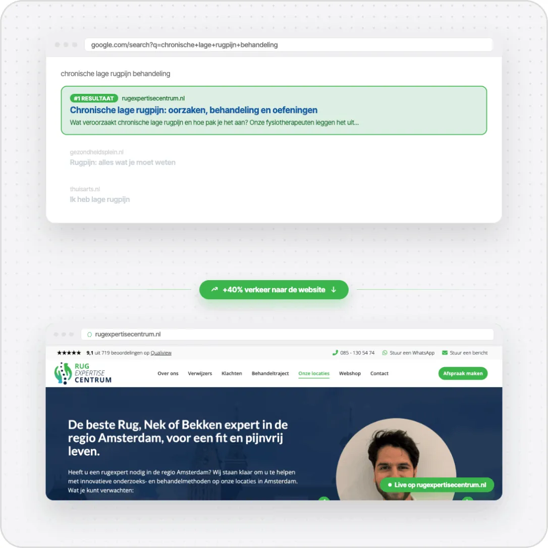 Search results and website for chronic low back pain treatment with expert services in Amsterdam.