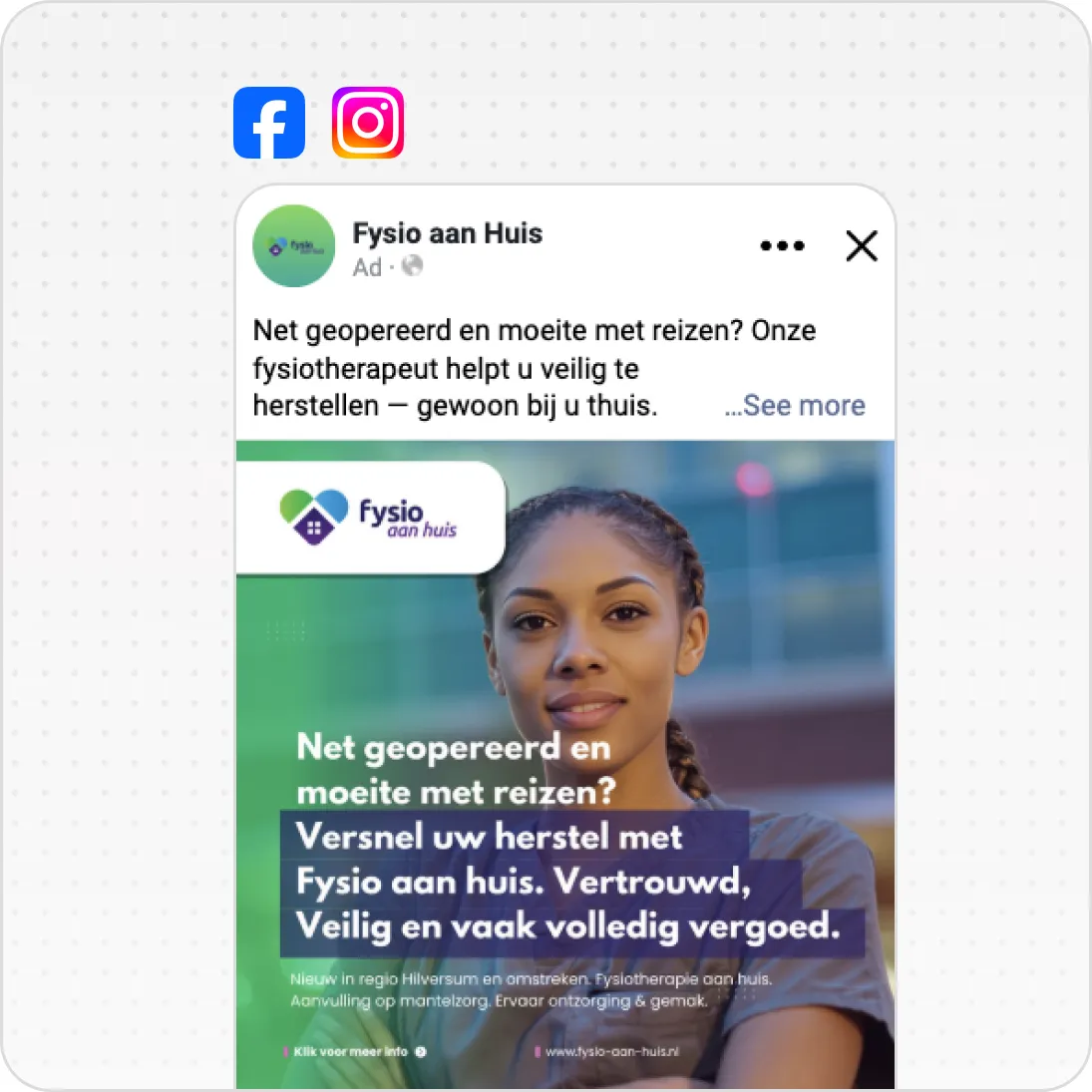 Face of a woman with braided hair in a physiotherapy ad promoting home treatment services.