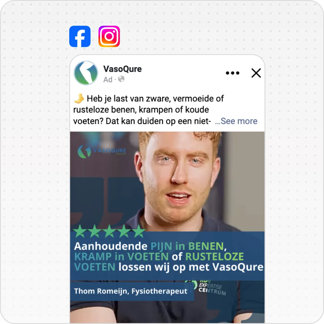 Facebook ad showing a physiotherapist promoting VasoQure for leg pain, cramps, and restless feet relief.