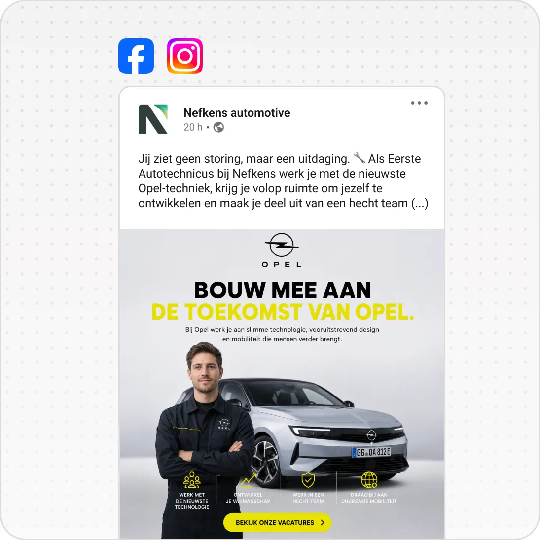 Opel recruitment ad with technician standing by a silver Opel car inviting candidates to join the future of Opel.