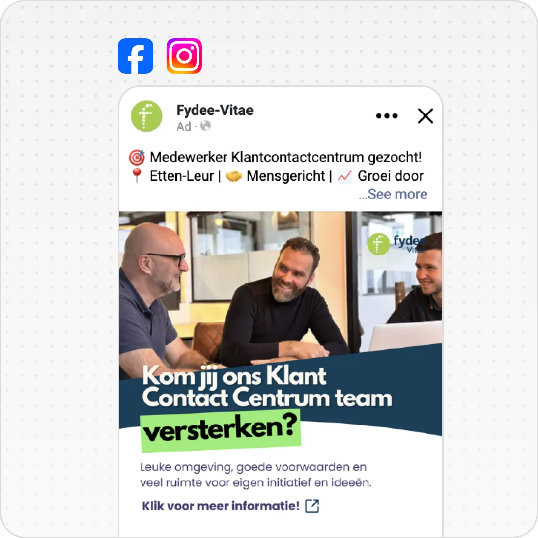 Three men smiling and talking around a table in an office, promoting a customer contact centre job.