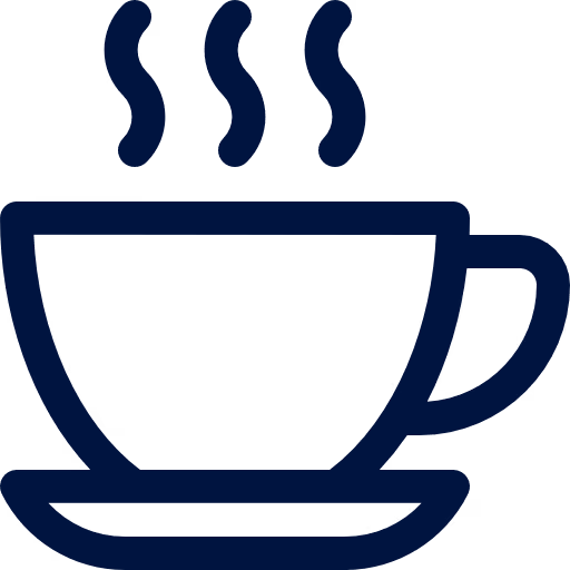 Simple white coffee cup with steam lines rising from it on a dark blue background.