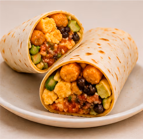Two halves of a breakfast burrito with scrambled eggs, black beans, salsa, and avocado on a plate.