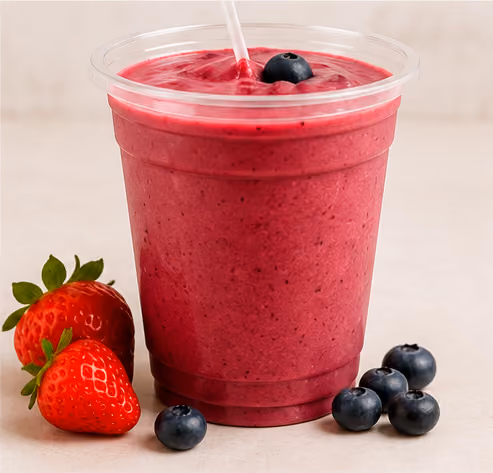 Berry smoothie in a clear plastic cup with a straw, surrounded by fresh strawberries and blueberries.