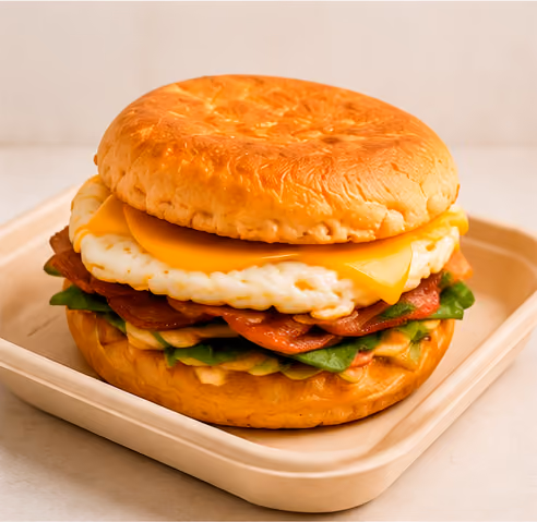 Breakfast sandwich with fried egg, cheddar cheese, lettuce, bacon, and sauce in a toasted bun.