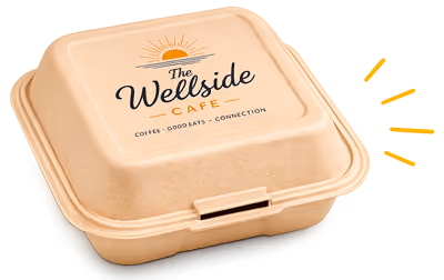 Closed beige takeout container with The Wellside Cafe logo and tagline: Coffee, Good Eats, Connection.
