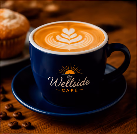 Blue cup with latte art on wooden table labeled The Wellside Café, with coffee beans and a muffin nearby.