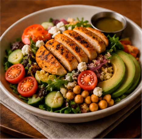 Grilled chicken salad with avocado, chickpeas, cherry tomatoes, cucumber, quinoa, and dressing on the side.
