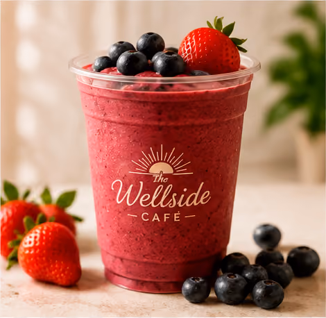 Berry smoothie cup with blueberries and a strawberry on top, and fruit around, from The Wellside Café.