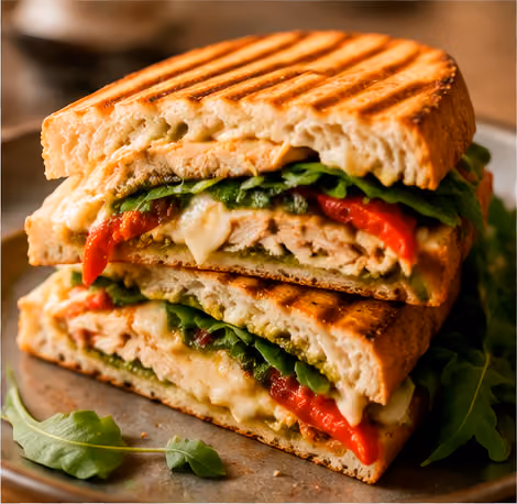 Grilled panini sandwich with melted cheese, spinach, red peppers, and chicken on a plate.