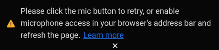 Warning message asking to allow microphone and camera access