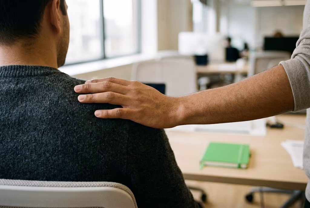 Main posée sur l'épaule d'un collègue en soutien, illustrant l'accompagnement individuel des salariés
