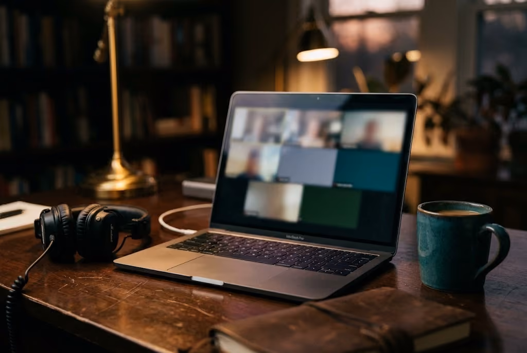 Ordinateur portable prêt pour un webinar, casque audio, ambiance chaleureuse