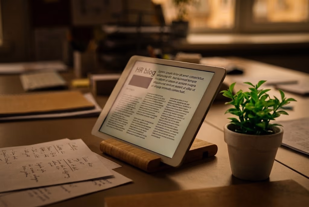Article de blog RH lu sur une tablette, ambiance chaleureuse