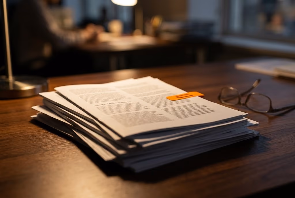 Pile de livres blancs RH sur un bureau, éclairage chaud