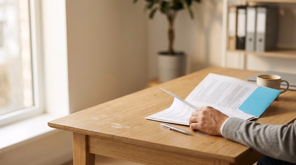 Bureau de courtage en assurance : une main feuillette un dossier de contrat sur un bureau en bois, dans une pièce lumineuse.