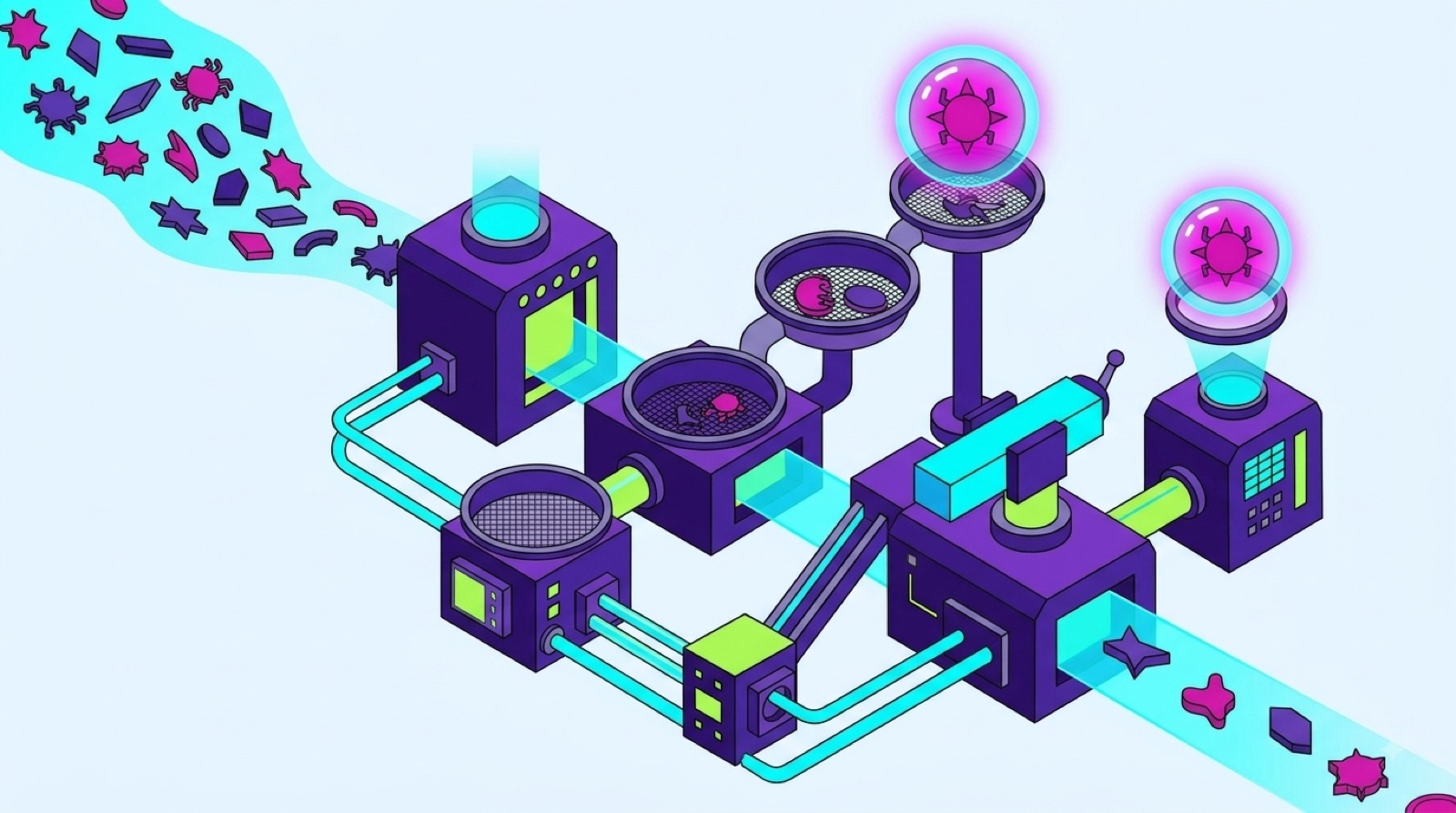 Isometric illustration of a processing line filtering flawed components out of a stream and isolating them for inspection.